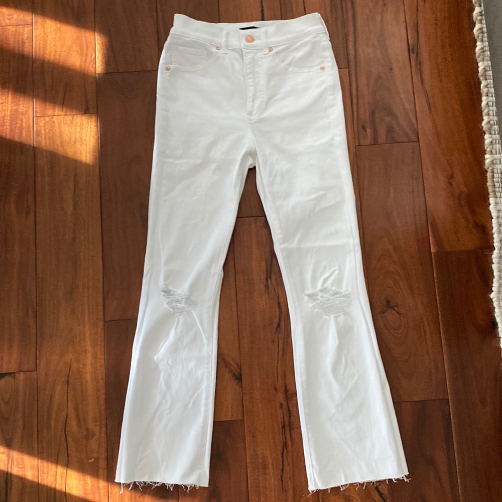 Express - High Waisted Ripped Raw Hem Cropped Supersoft Flare Jeans